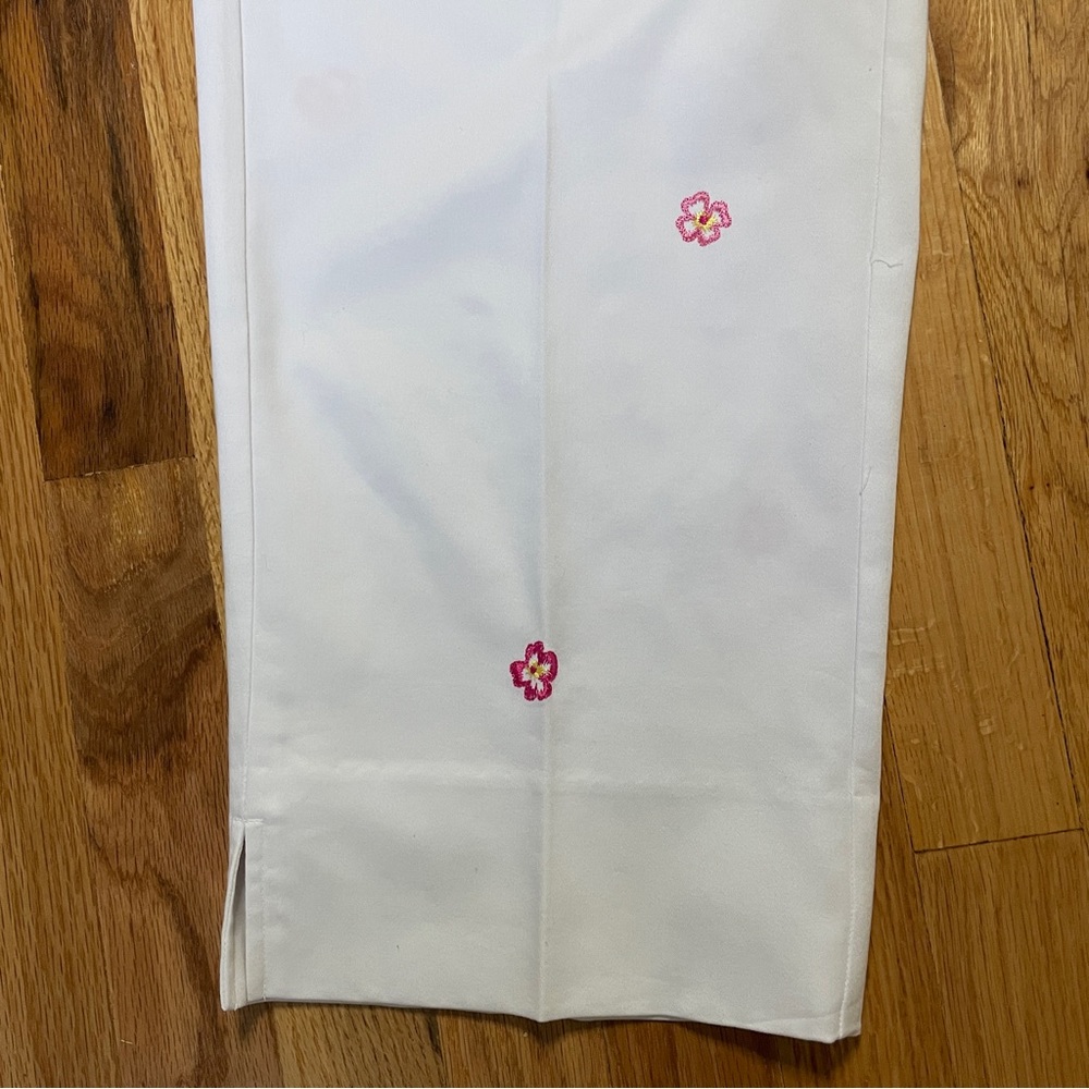Floral Embroidered White Zipper Pants Capris Sz 14 - Picture 5 of 9